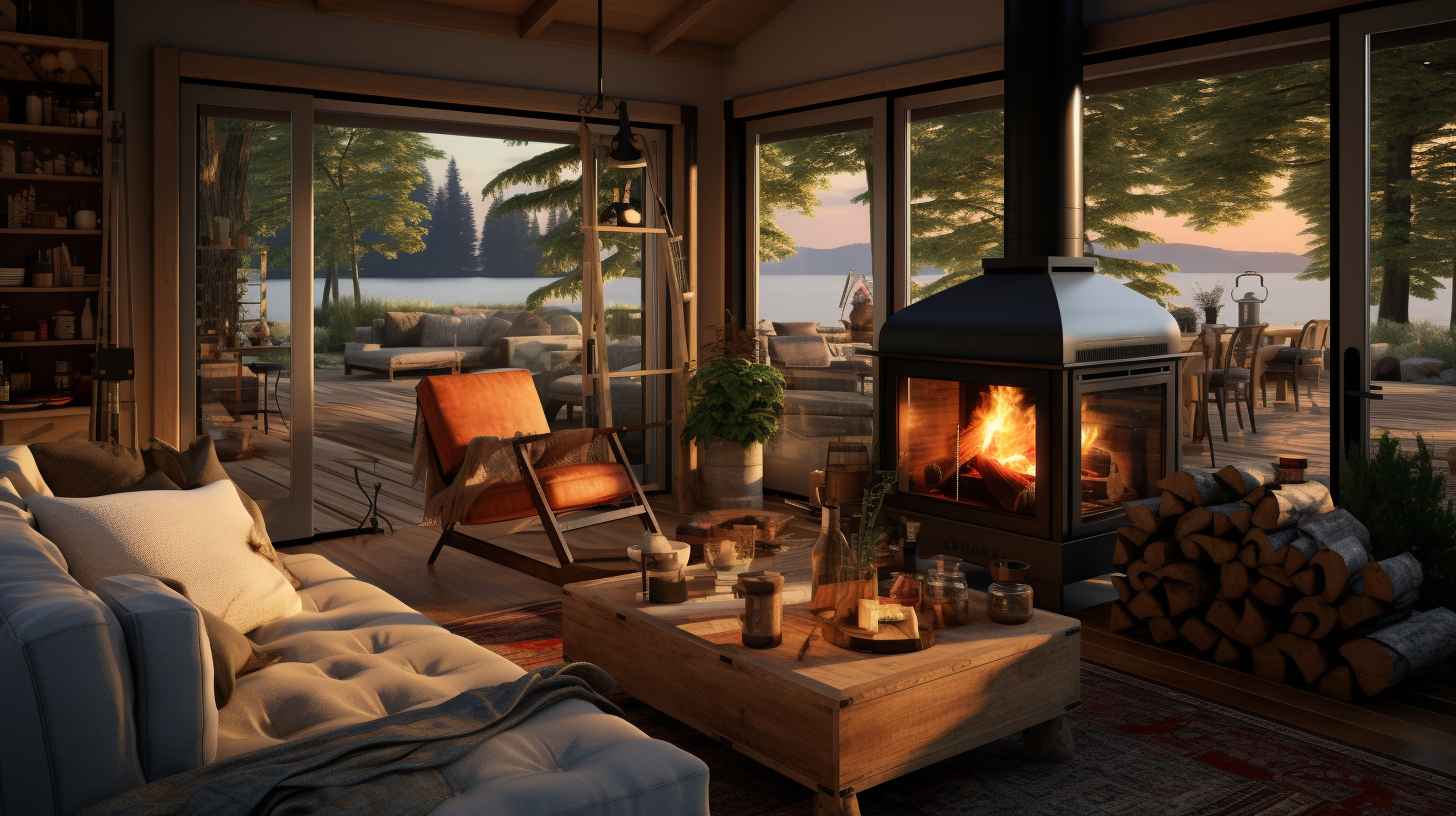 A serene living room with a cozy fireplace and an outdoor camping cooker placed safely outside through the open glass doors.