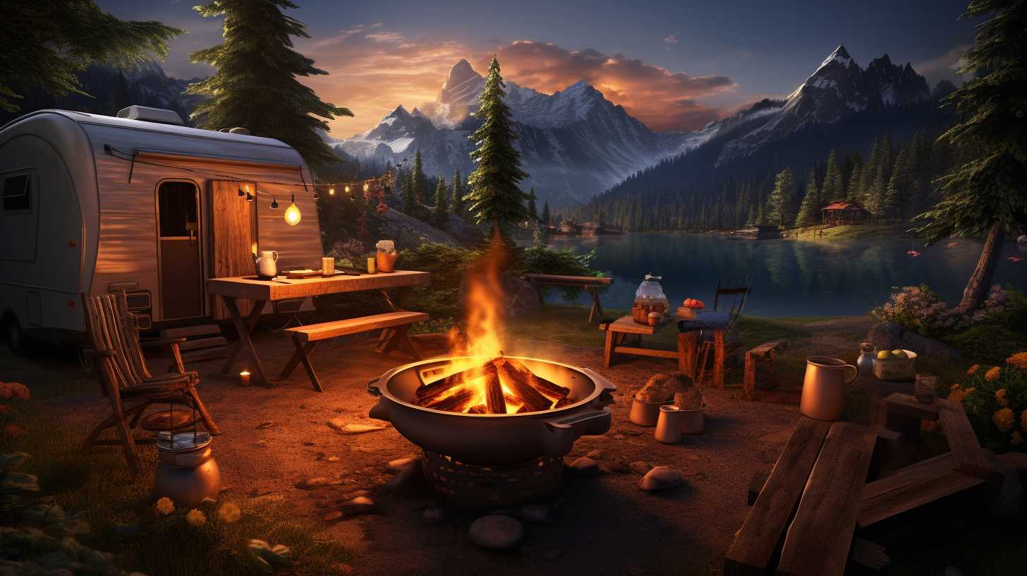 A serene campfire with a rustic BBQ grill cooking delicious food over the flames, surrounded by lush greenery and a picturesque camping setup.