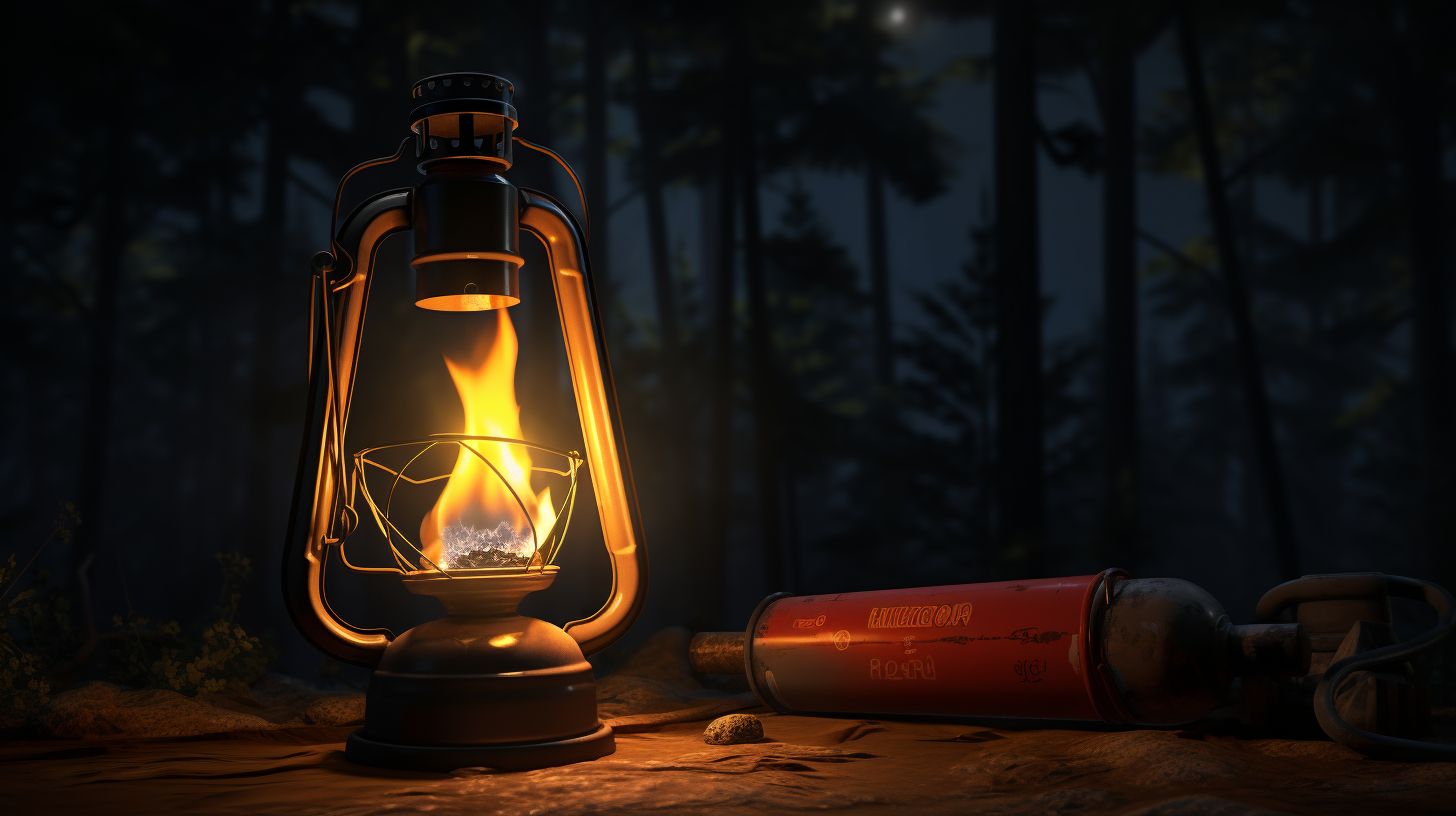 A sturdy camping propane tank connected to a versatile torch, illuminating a dark camping site with a steady, powerful flame.