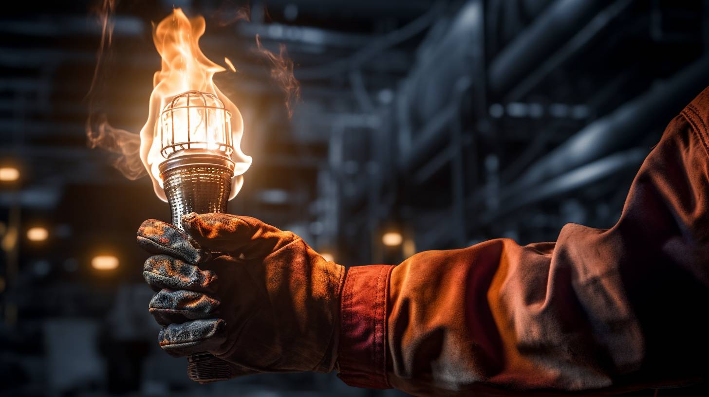 A hand wearing heat-resistant gloves holds a torch with a flame, with a well-ventilated outdoor setting in the background.