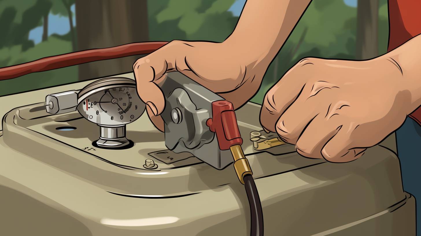 Close-up of hands connecting a propane tank valve to a regulator, attaching the regulator to a grill's fuel line, and securing the connection with a wrench.