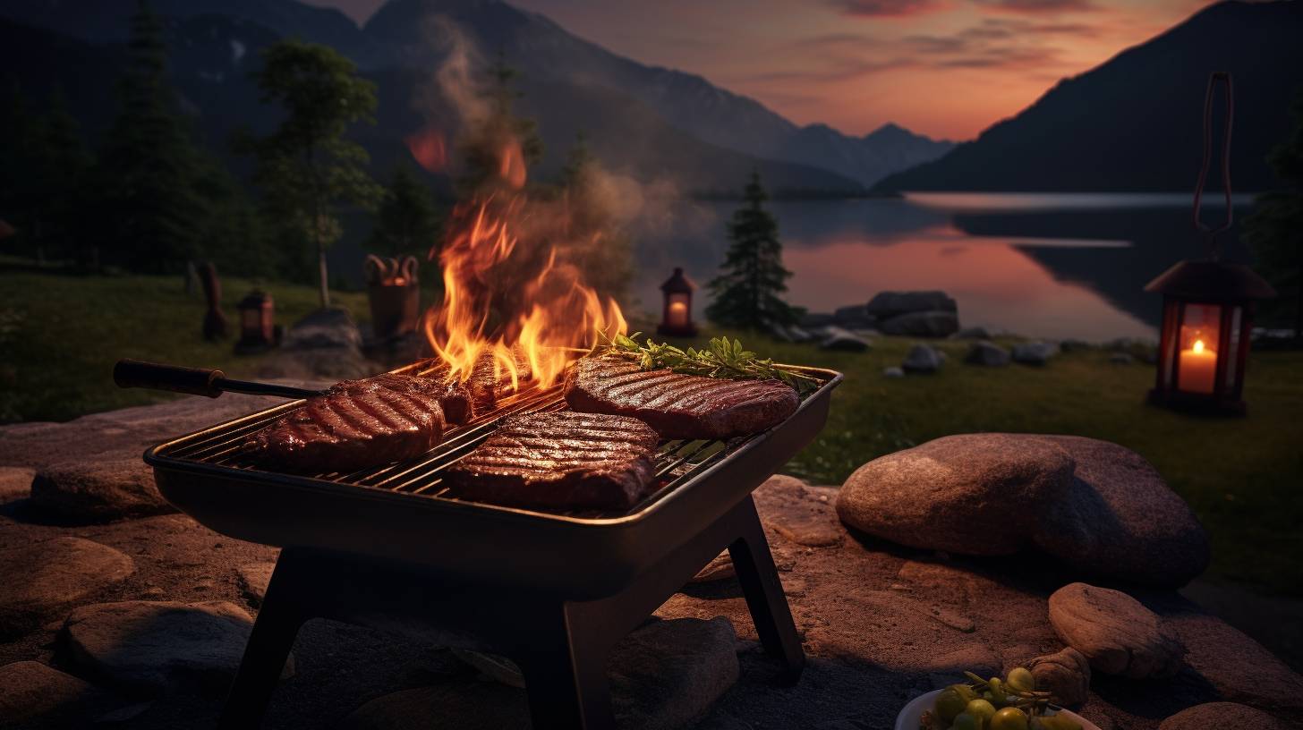 A well-maintained camping stove connected to a propane tank, with a mouthwatering steak sizzling on the grill in a serene outdoor camping scene.