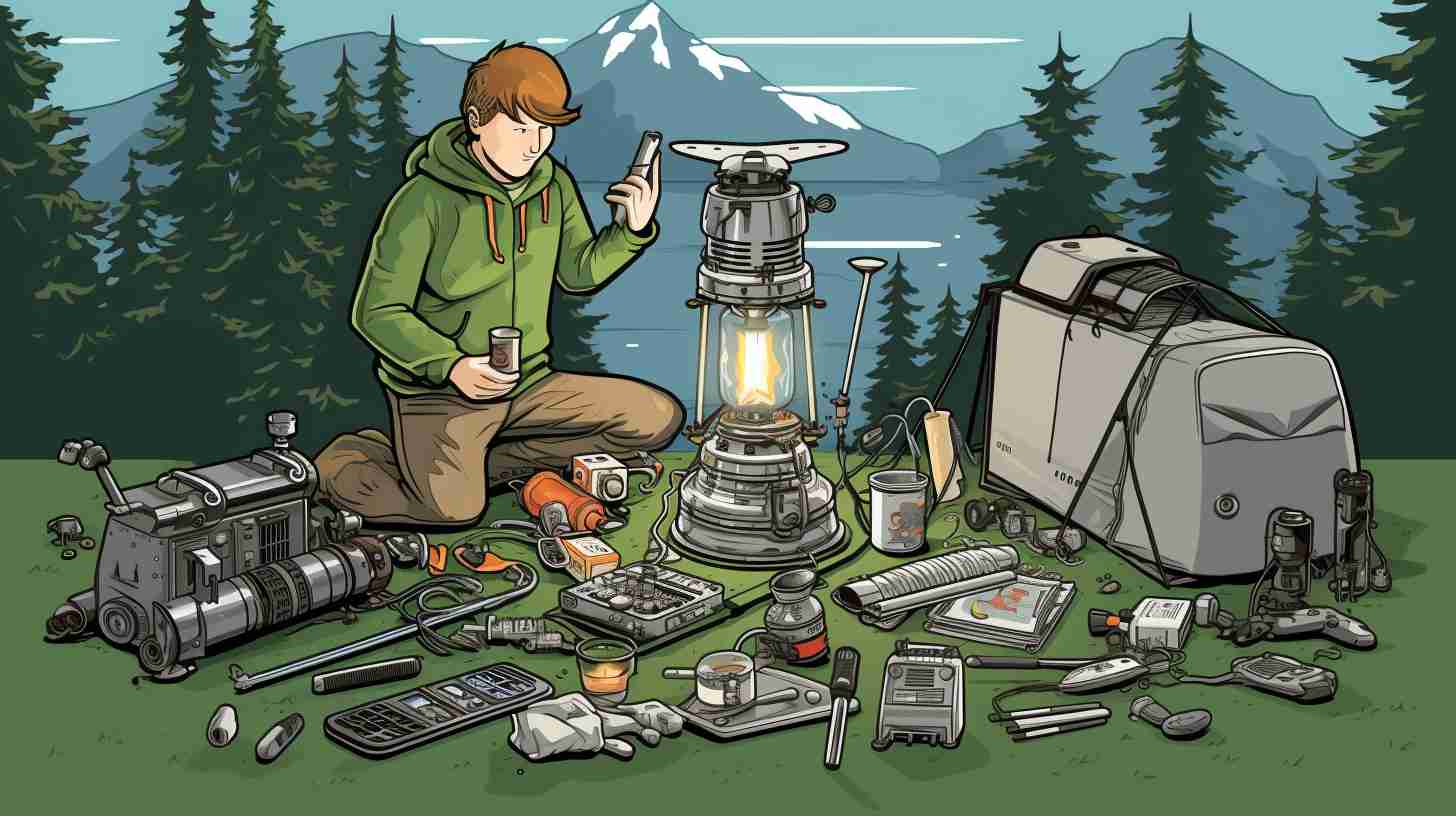 A person confidently soldering two metal pieces in a forest, surrounded by camping equipment and a propane tank nearby.