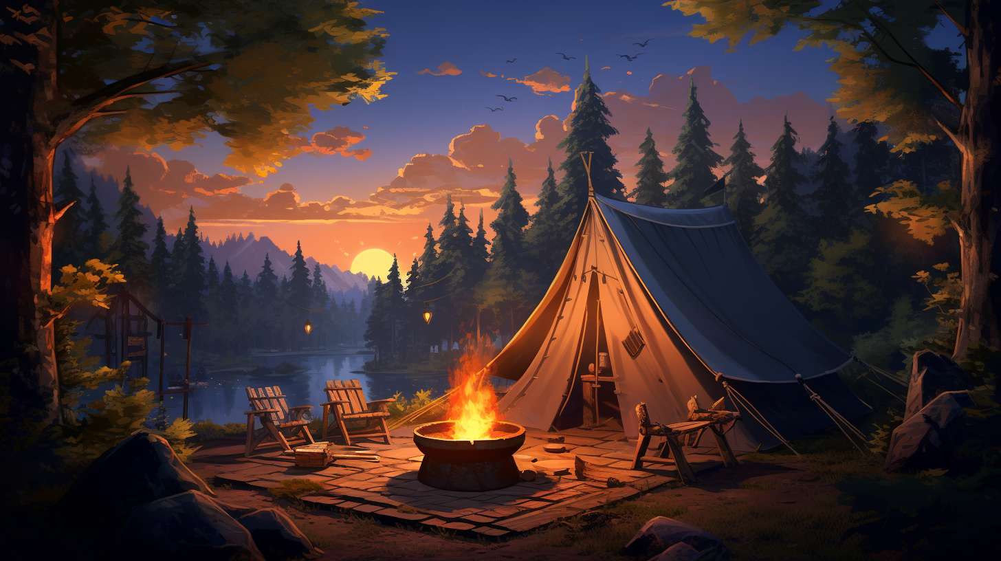 A cozy camping scene with a spacious tent nestled amidst towering pine trees, and a compact camping stove emitting a gentle flame, providing warmth and a delicious meal.