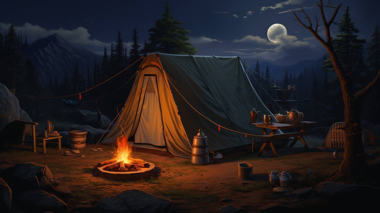 A well-ventilated camping tent illuminated by soft moonlight. The camper safely uses a stove far from flammable materials. The stove flame is controlled, and a fire extinguisher is nearby.