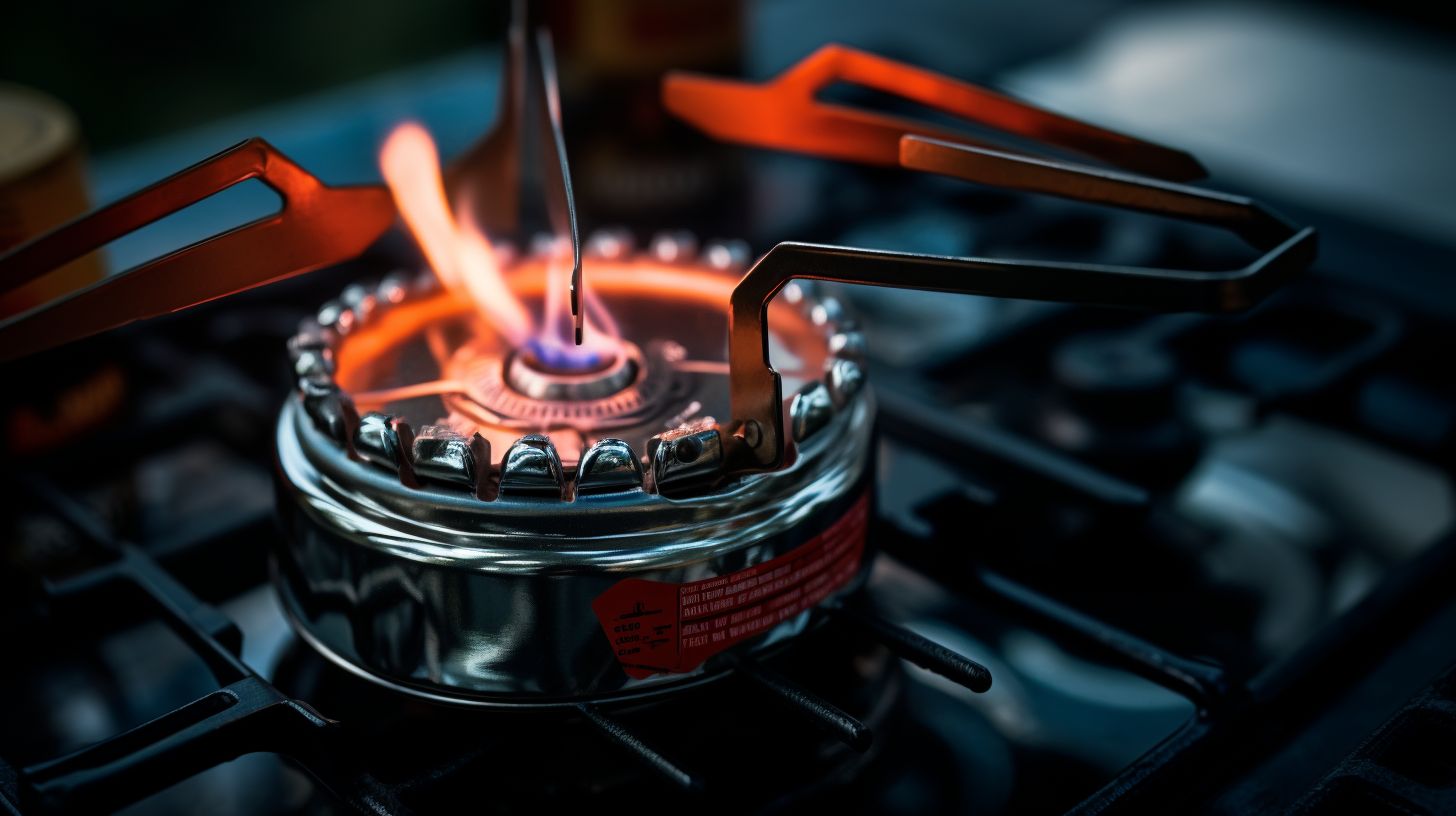 Close-up of a butane camping stove with a securely attached propane canister, showing a steady and powerful flame.