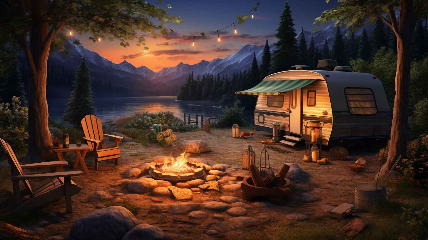 A serene camping scene with a gas stove ignited by a propane canister, casting a warm and inviting glow amidst tranquil surroundings.