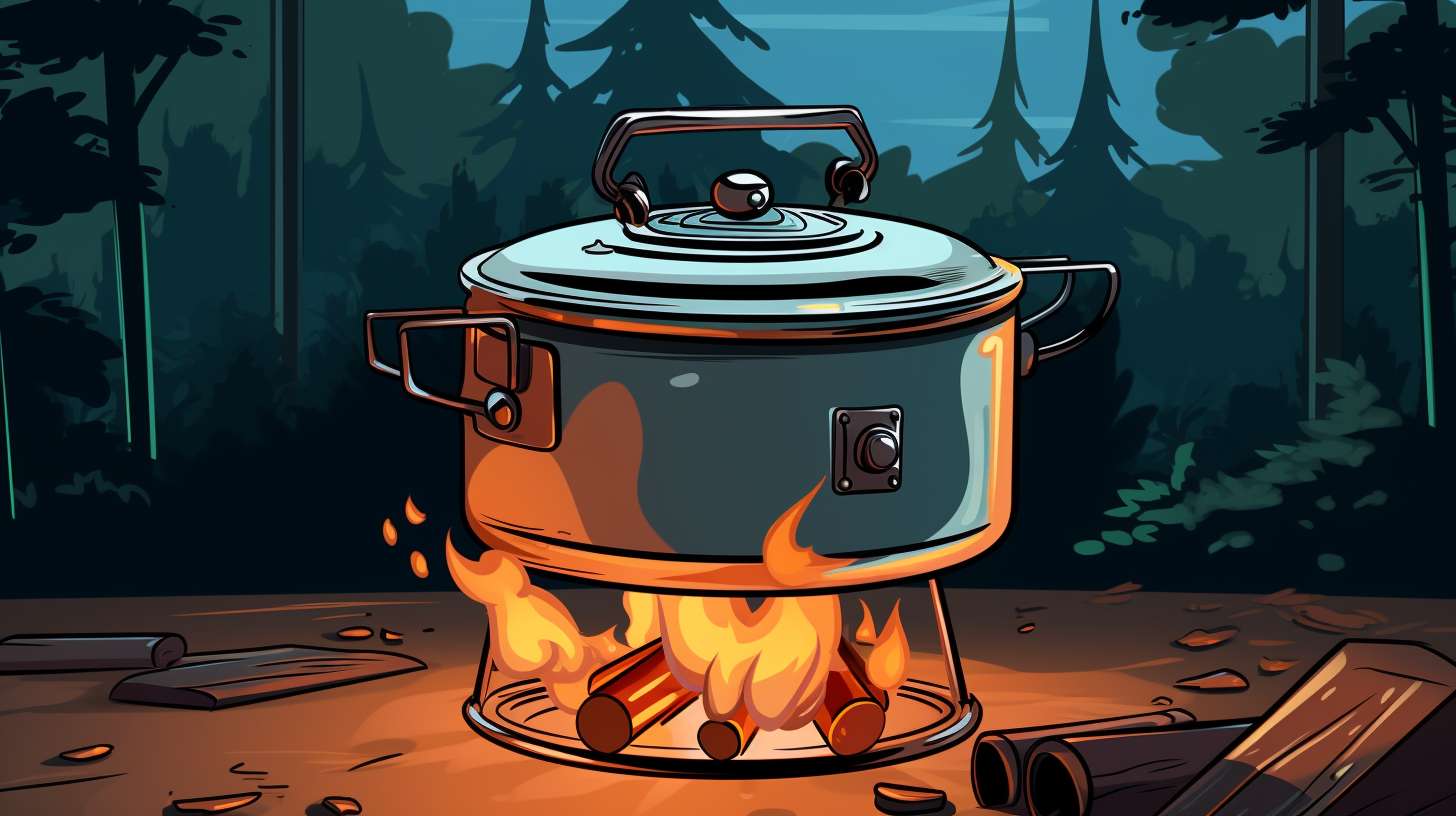 A camping stove with a pot placed securely on top, flames evenly heating the pot, while a camper adjusts the heat settings.