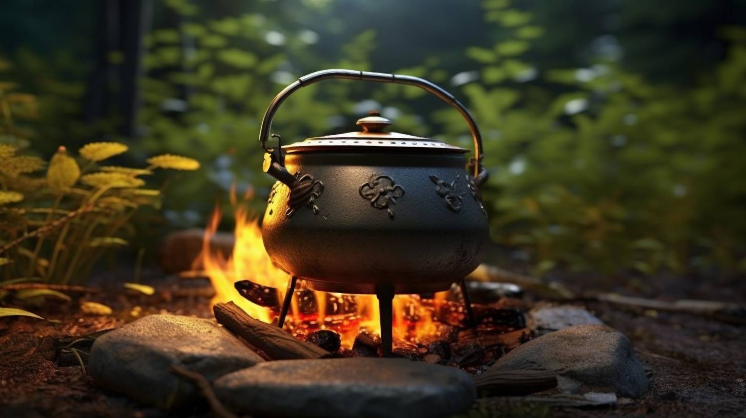 A rugged camping stove with flames flickering beneath a regular pot filled with steaming food, surrounded by natures beauty.