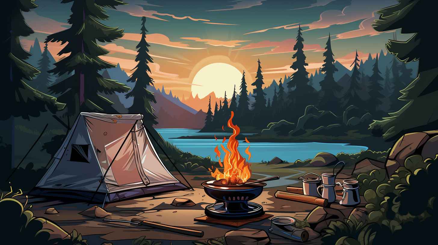 A seasoned camper confidently places a pot on a rugged camping stove, with a blazing flame underneath, in a serene campsite surrounded by lush wilderness.