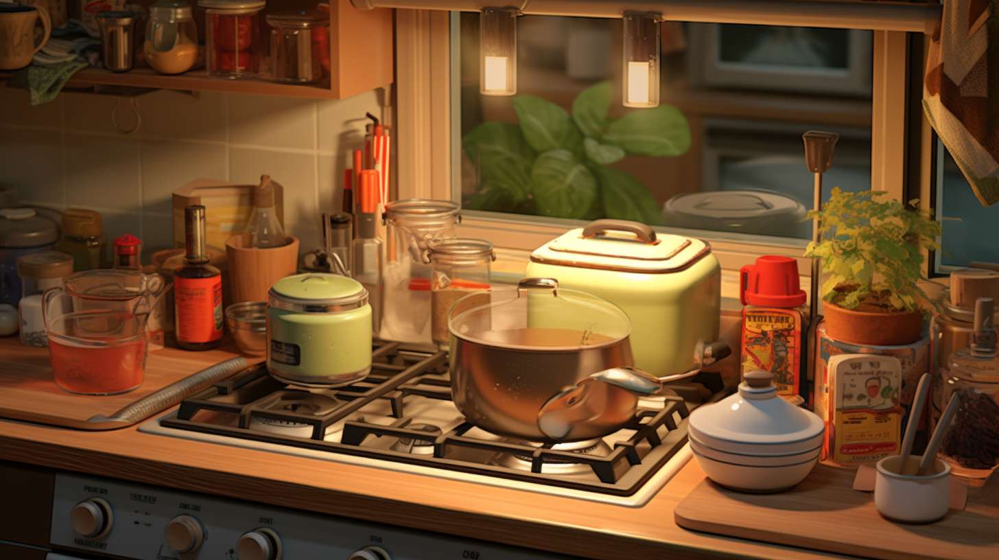 A cozy indoor kitchen scene with a safe and efficient electric portable stove surrounded by pots and pans.