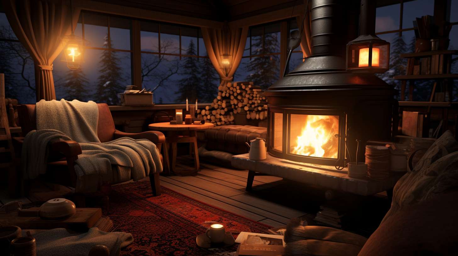 A cozy living room with a warm, crackling fireplace and a small, portable butane camping stove on a nearby table, creating a comfortable ambiance.