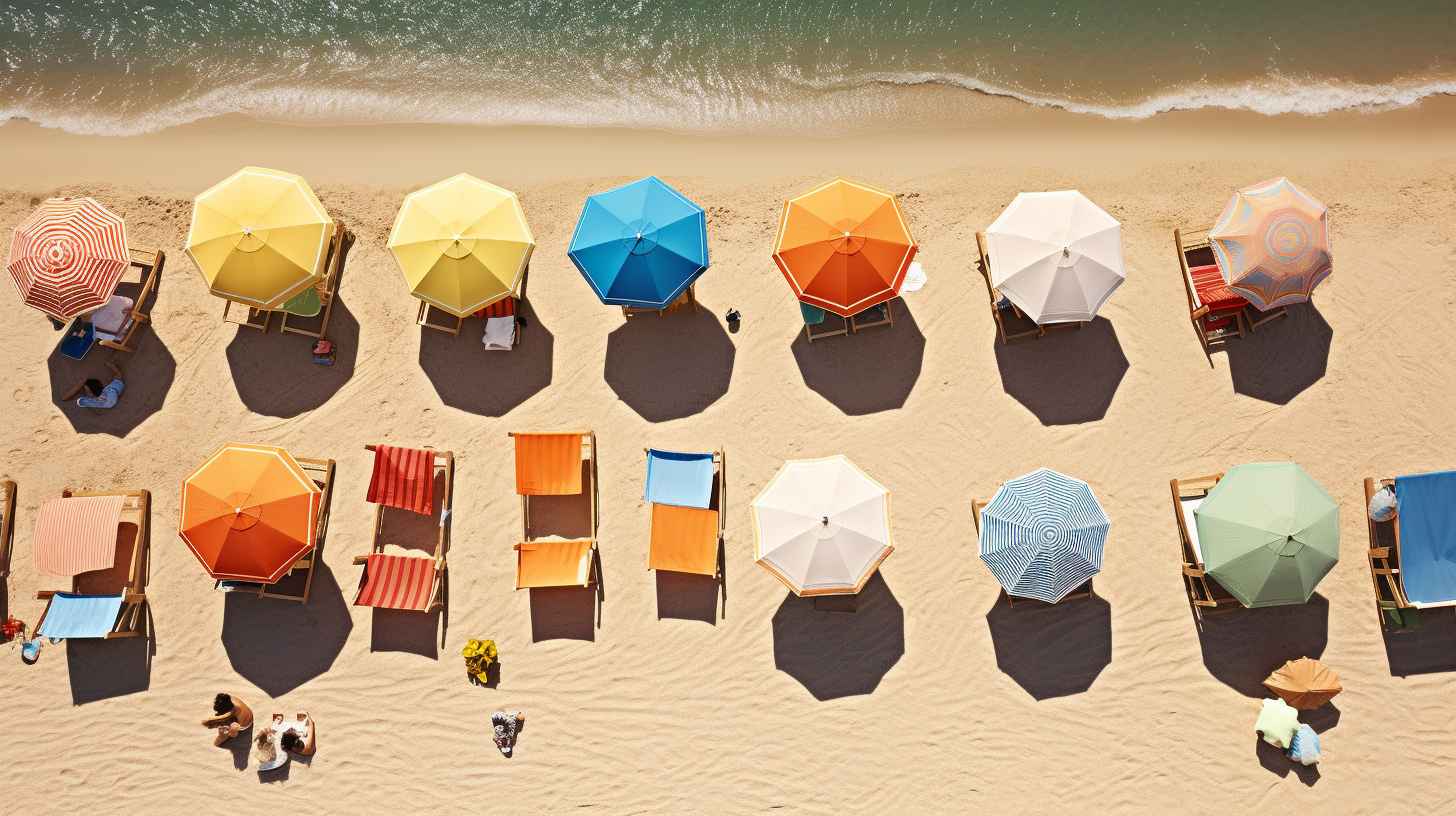 Group of beachgoers comfortably lounging on colorful beach mats, surrounded by vibrant umbrellas, straw hats, and coolers, embracing the sandy shoreline.