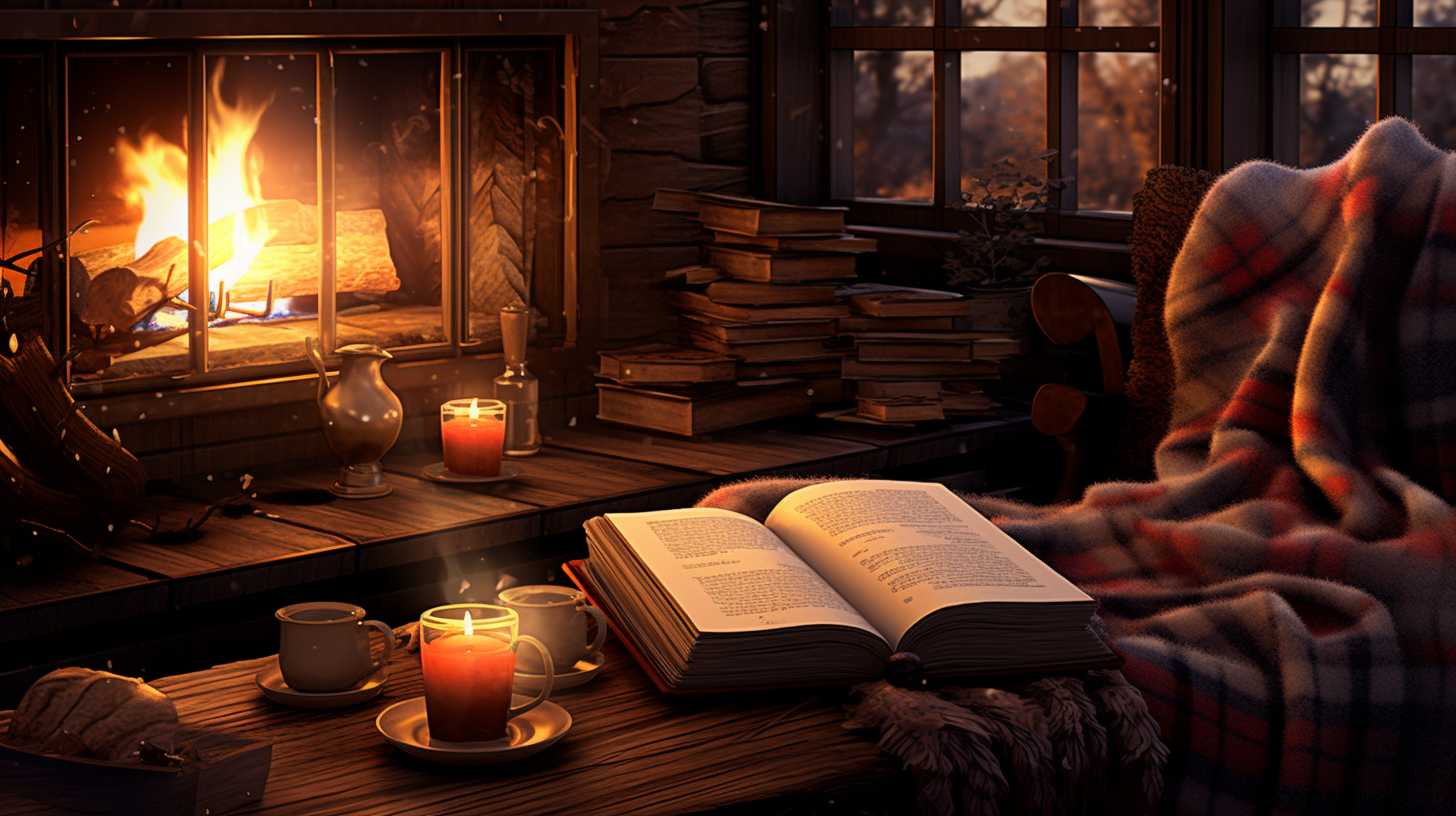 A cozy living room with a crackling fireplace, warm blankets, and a steaming mug of hot cocoa. A person is comfortably reading a book, enjoying the warmth and comfort of the room.