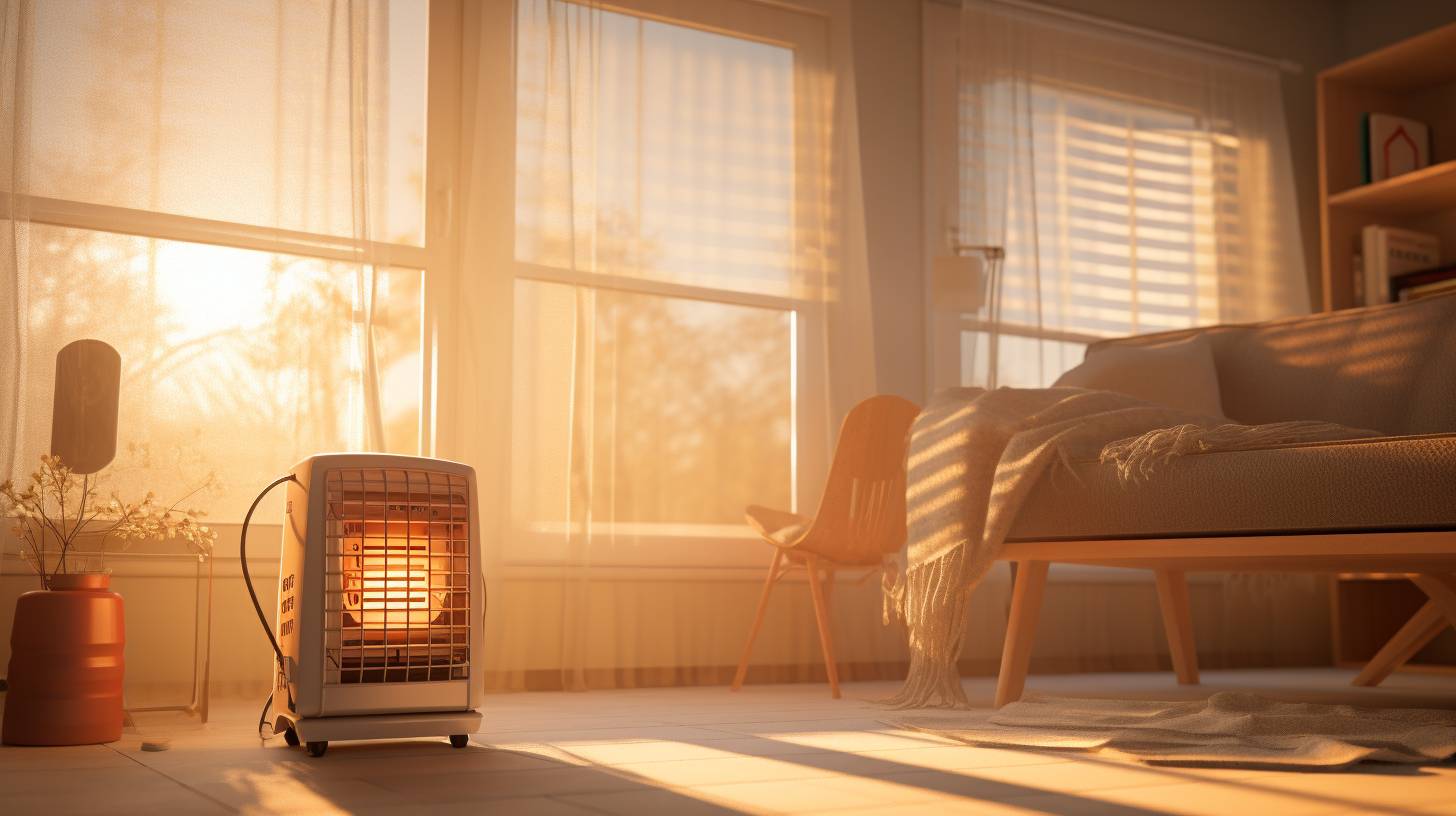 Cozy living room with camping heater near window, soft sunlight streaming through the glass