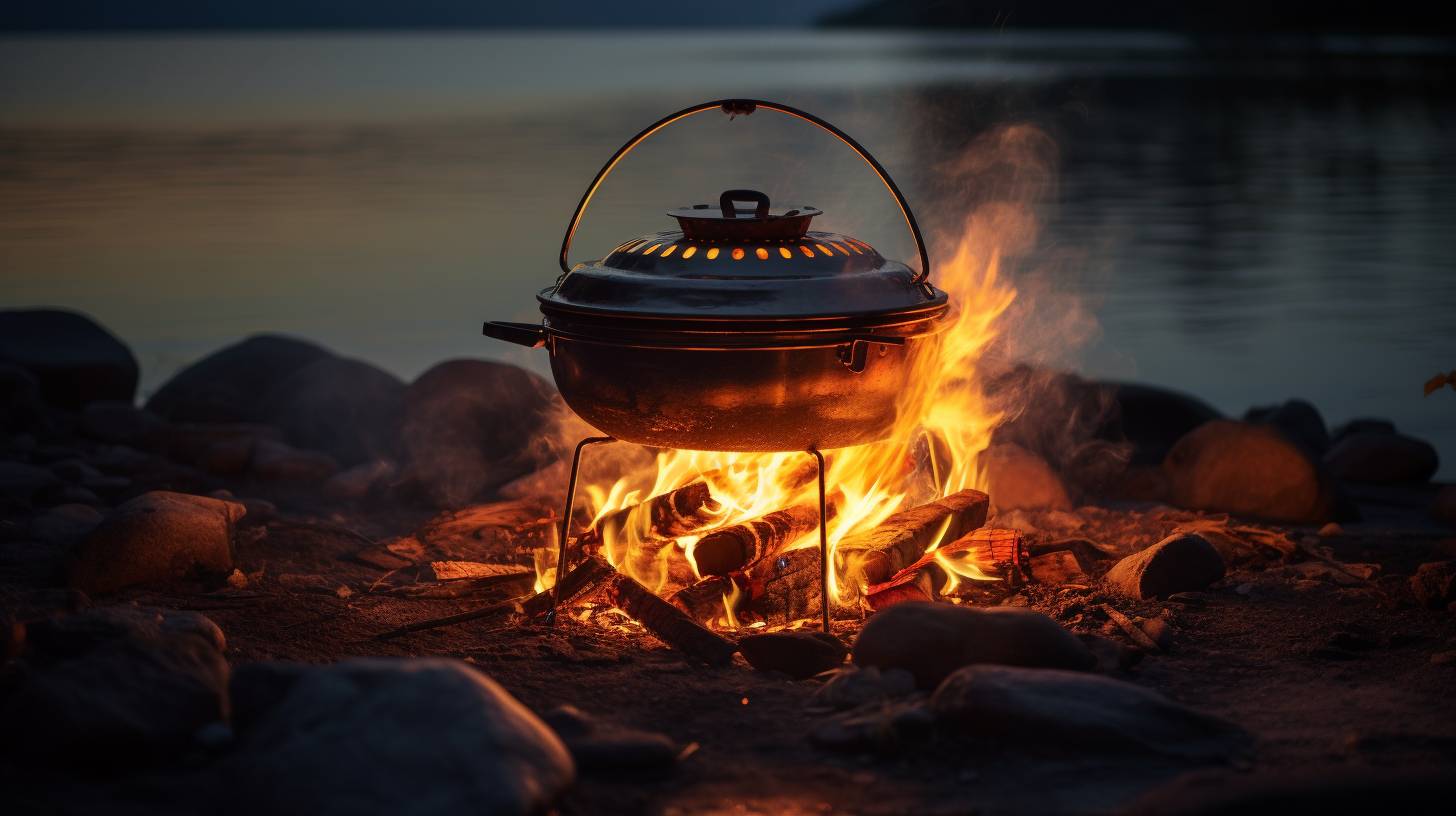 A camping kettle nestled on a sizzling BBQ grill, emitting plumes of steam, as flames dance beneath it.