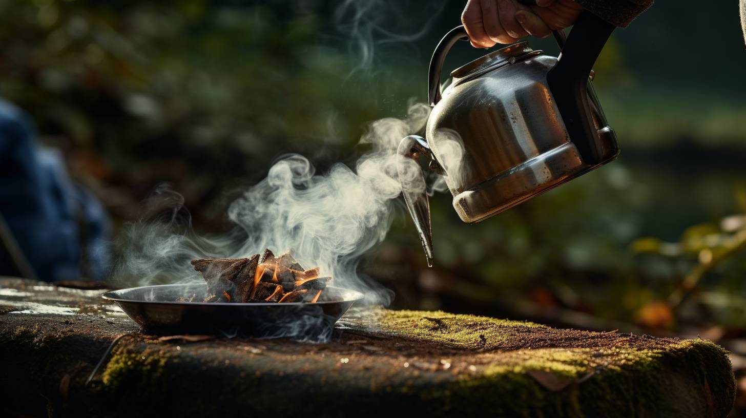 A person pouring hot water from a camping kettle placed on a BBQ grill into a mug, creating a thin wisp of steam.