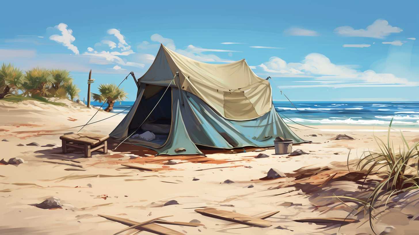 A beach scene with a camping tent securely anchored in the sand, featuring sandbags, sturdy stakes, and proper ventilation to emphasize safety measures for beach camping.