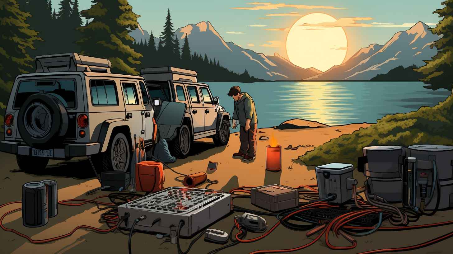 A camper setting up a car battery for camping, connecting jumper cables to a power inverter with tents and camping gear in the background.