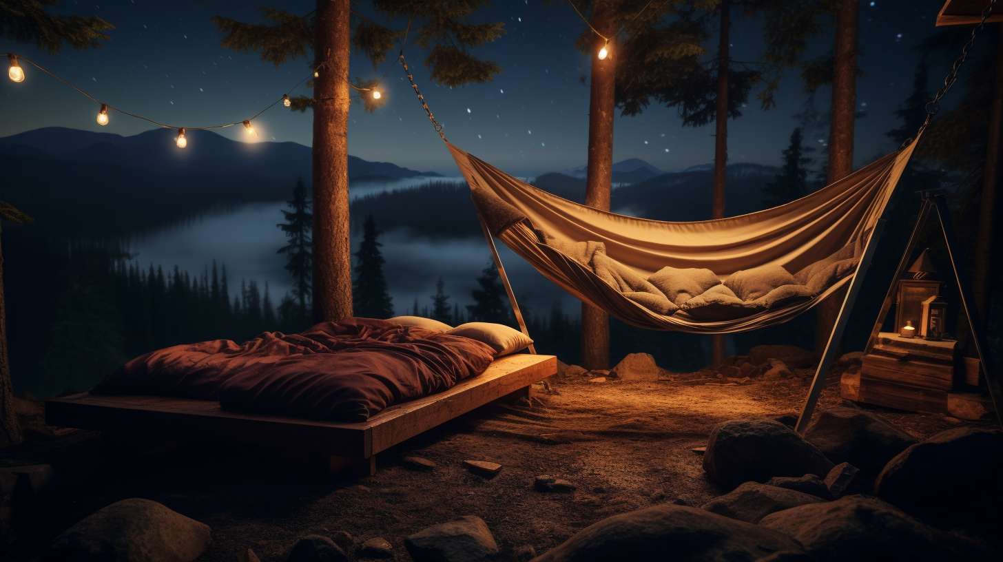 A cozy camping setup in the wilderness with a traditional sleeping bag, a hammock with a mosquito net, and a camping mat, providing alternative options for a comfortable night under the stars.