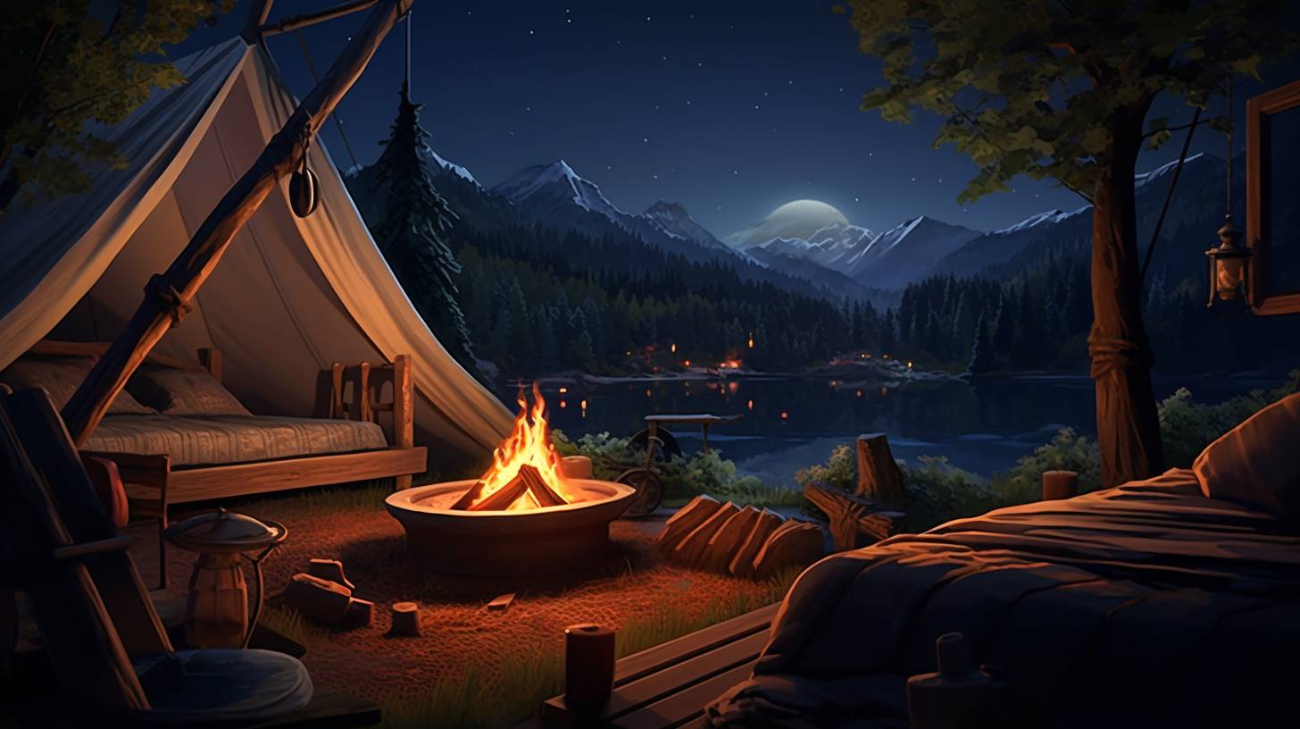 A serene starlit night with a cozy campfire. In the foreground, an open tent reveals a comfortable camp bed adorned with a fluffy duvet, inviting readers to ponder the possibility of using a duvet for camping.