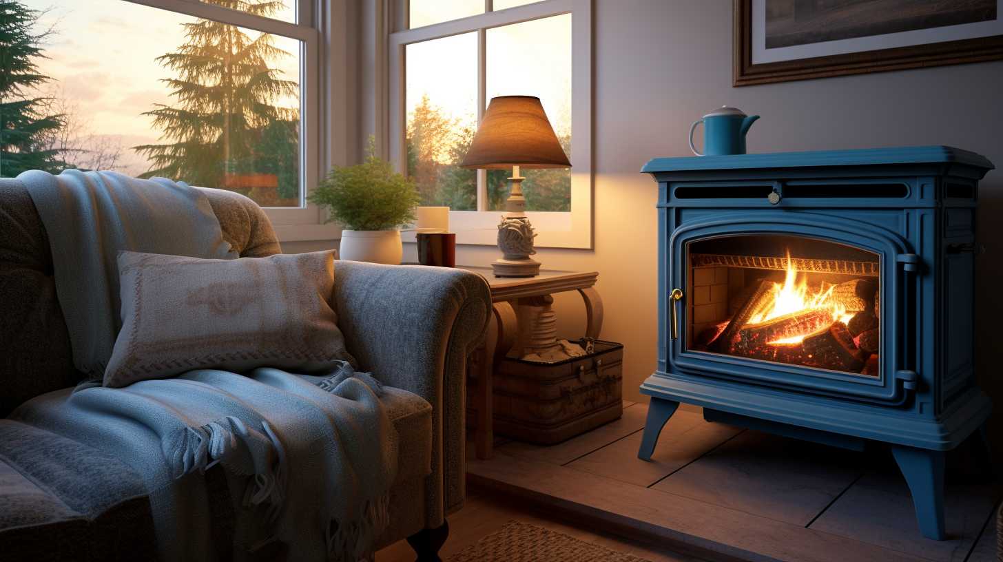 A cozy living room with a propane camping stove placed near a large open window. Sunlight streams through the window, highlighting the stove's blue flame, while fresh air circulates freely, emphasizing proper ventilation requirements.