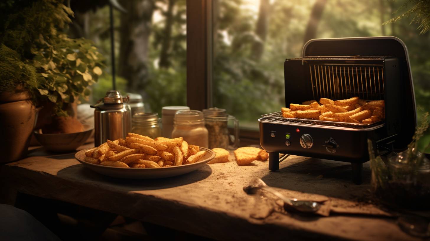 A picturesque campsite surrounded by lush greenery, with a crackling campfire in the foreground and an air fryer roasting golden-brown crispy fries on a rustic table in the background.