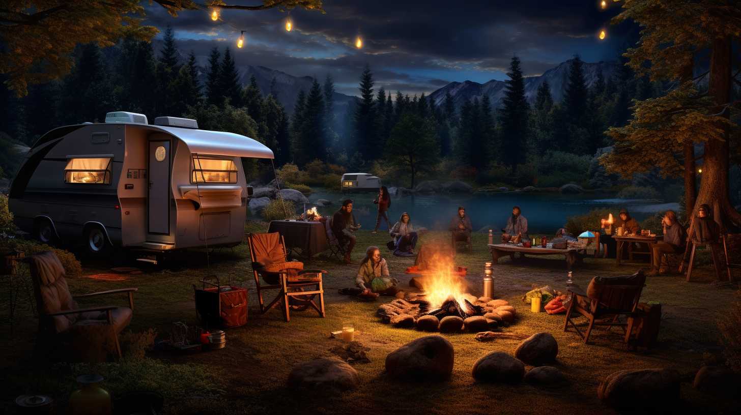 A group of campers enjoying a serene campsite illuminated by a crackling fire, while savoring deliciously golden and crispy outdoor meals cooked in an air fryer.