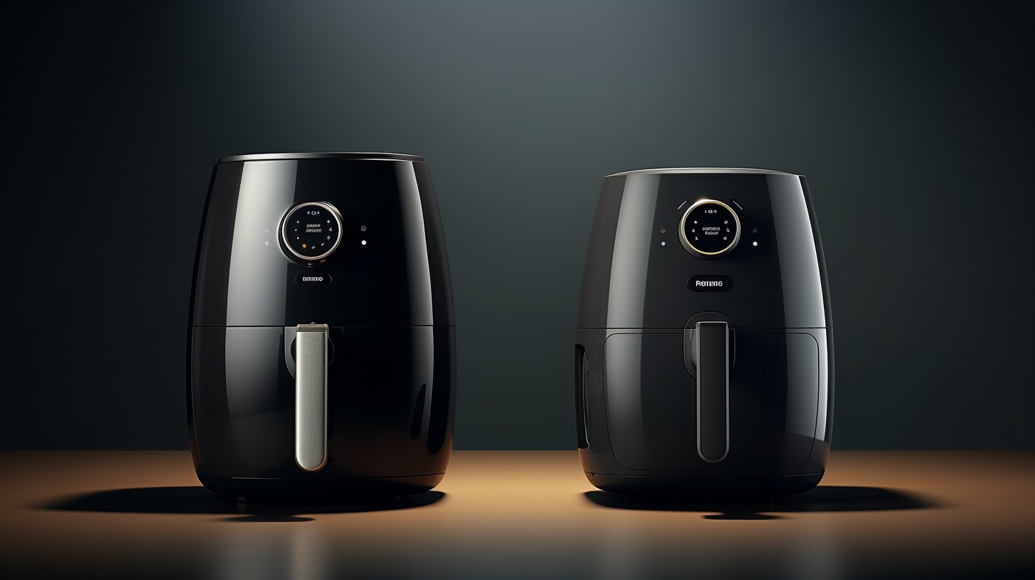 Comparison of Delonghi and Philips Airfryers, showcasing sleek and modern design with brand logos subtly displayed.