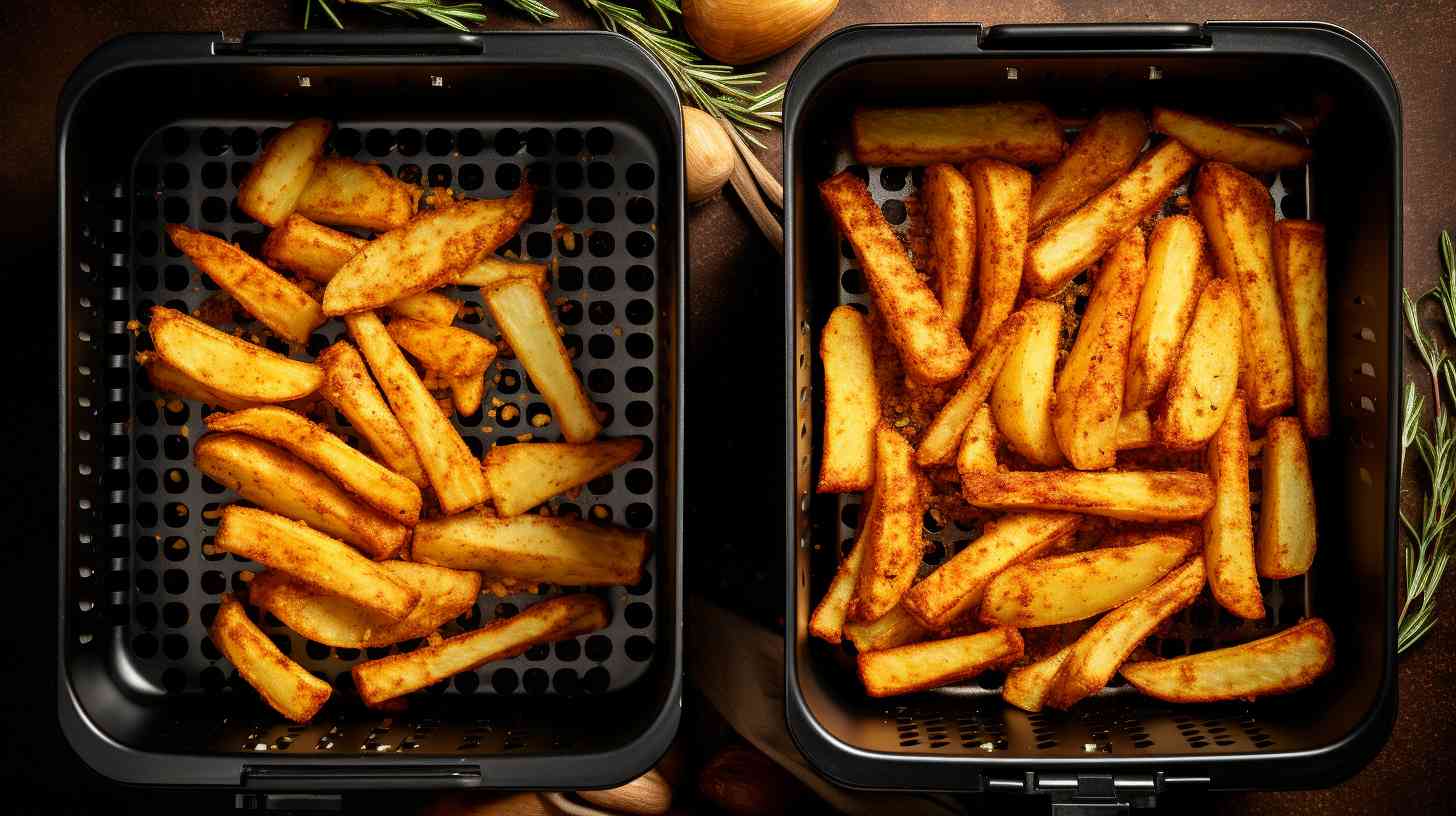 Split-screen view of two batches of crispy golden fries cooked in an air fryer - one with a liner, one without. Contrasting textures and colors showcase the impact of air fryer liners on cooking efficiency.