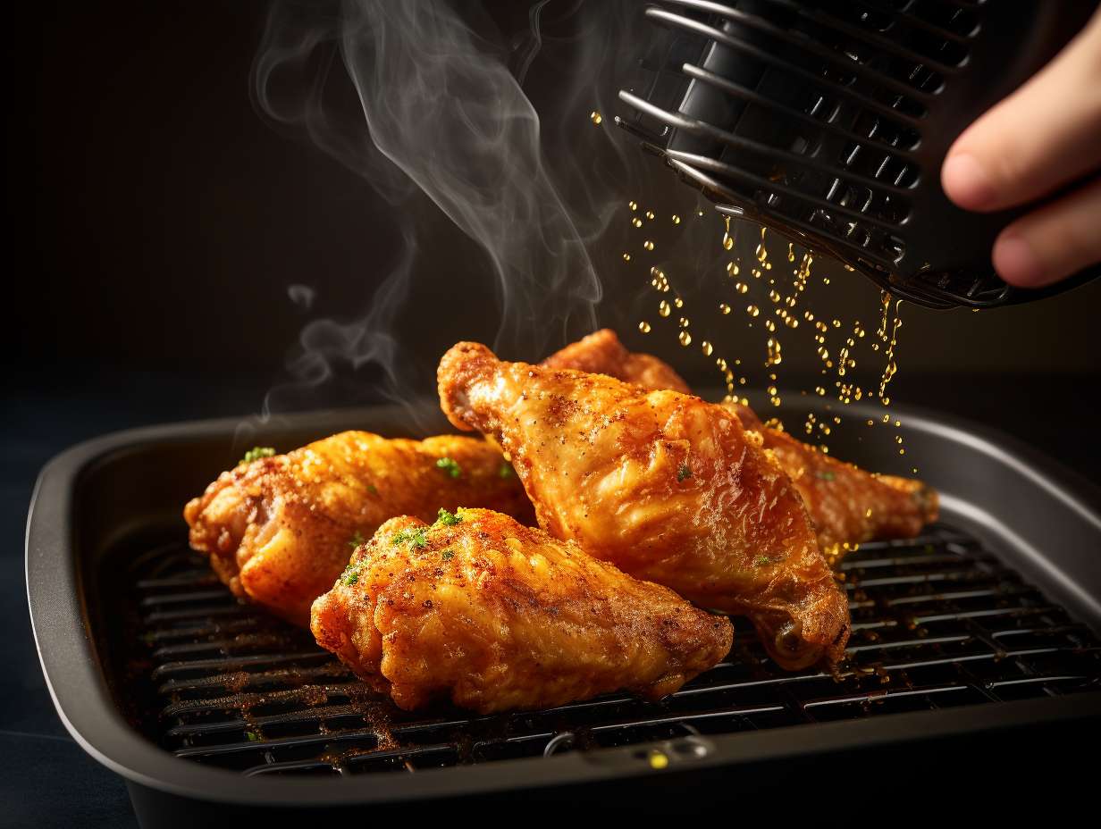 A perfectly golden chicken wing being lifted off an air fryer liner, showcasing its non-stick surface. The steam rising from the wing evokes a mouthwatering aroma, while the liner's crisscross pattern highlights its efficient heat circulation.