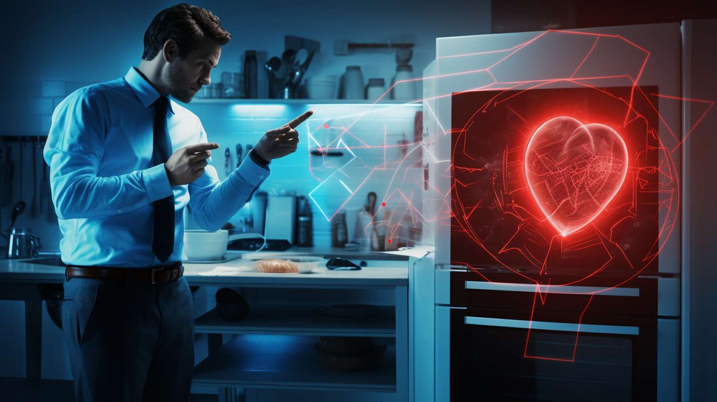 A person with a pacemaker stands near an air fryer, while a subtle electromagnetic field diagram highlights the potential risks.