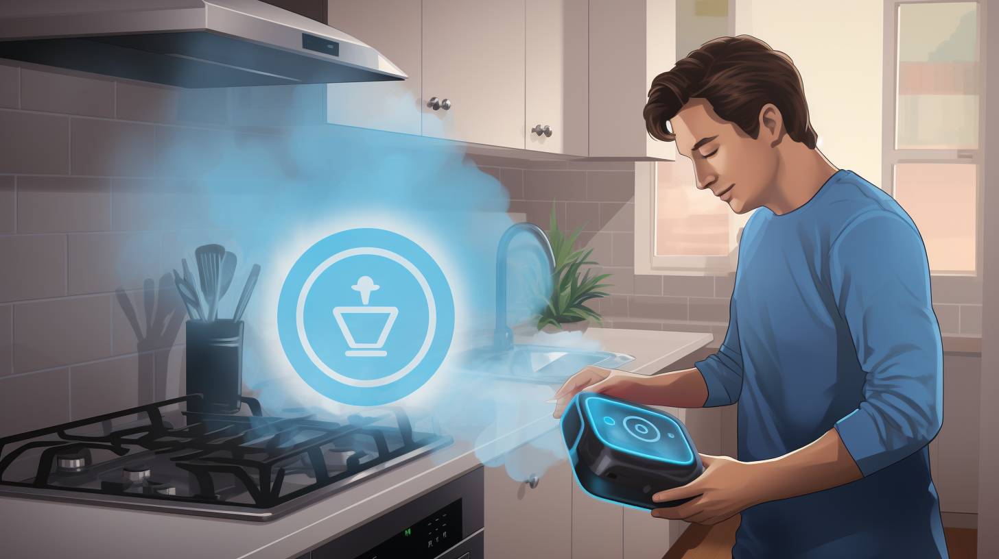 A person with a pacemaker safely using an air fryer in a well-ventilated kitchen, showing proper positioning of the device, distance from the fryer, and a clear pathway for movement.