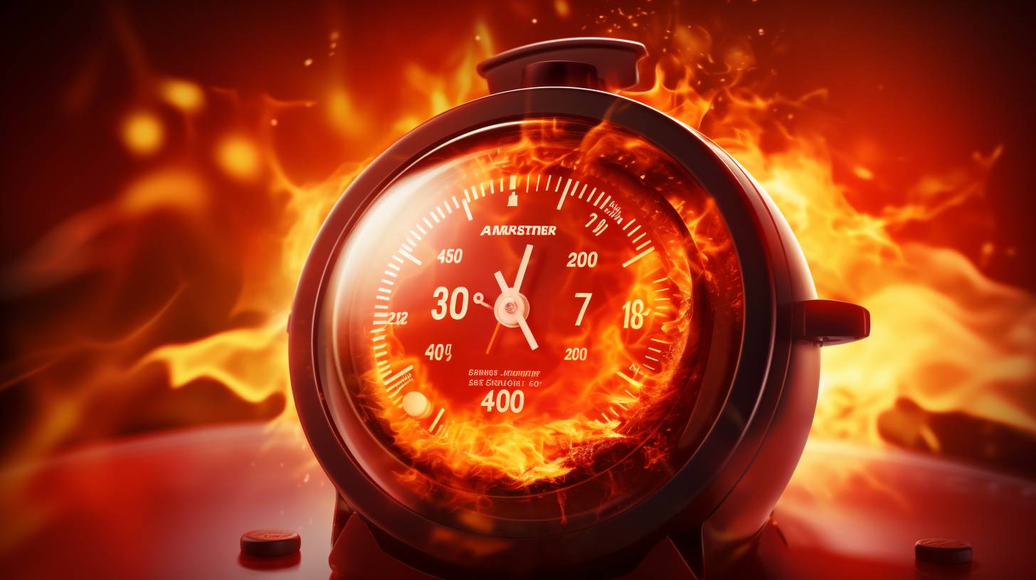 Air fryer temperature dial turned up to 450 degrees Fahrenheit with vibrant flames surrounding it