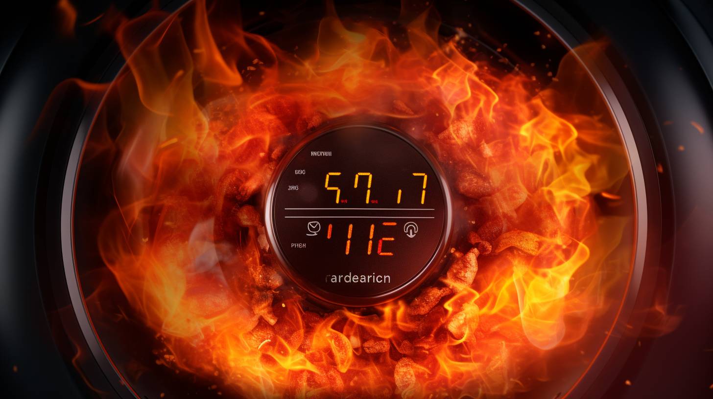 Close-up view of an air fryer's temperature dial turned to its maximum setting of 450 degrees Fahrenheit, surrounded by vibrant flames, emphasizing the Factors Affecting Maximum Temperature.