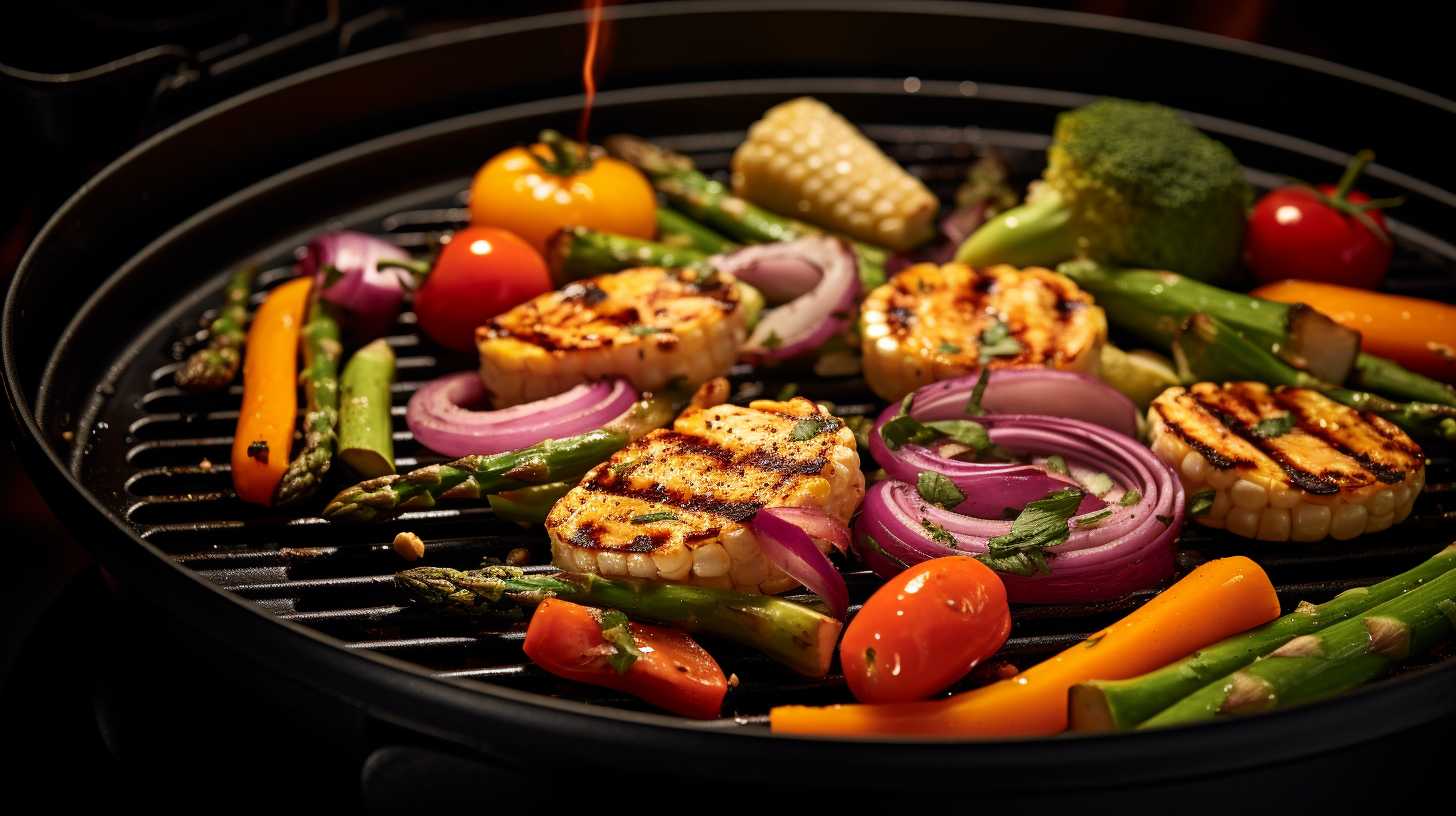 A tray of vibrant vegetables sizzling inside an air fryer set at 450 degrees, showcasing their crispy and charred edges.