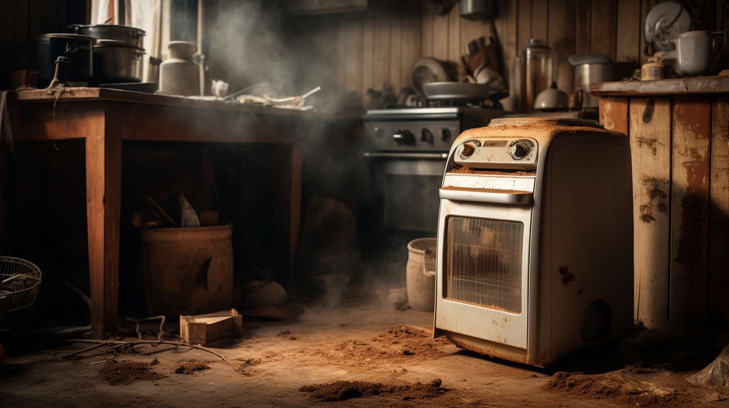 An abandoned air fryer covered in layers of dust, tucked away in a neglected corner of a kitchen countertop.