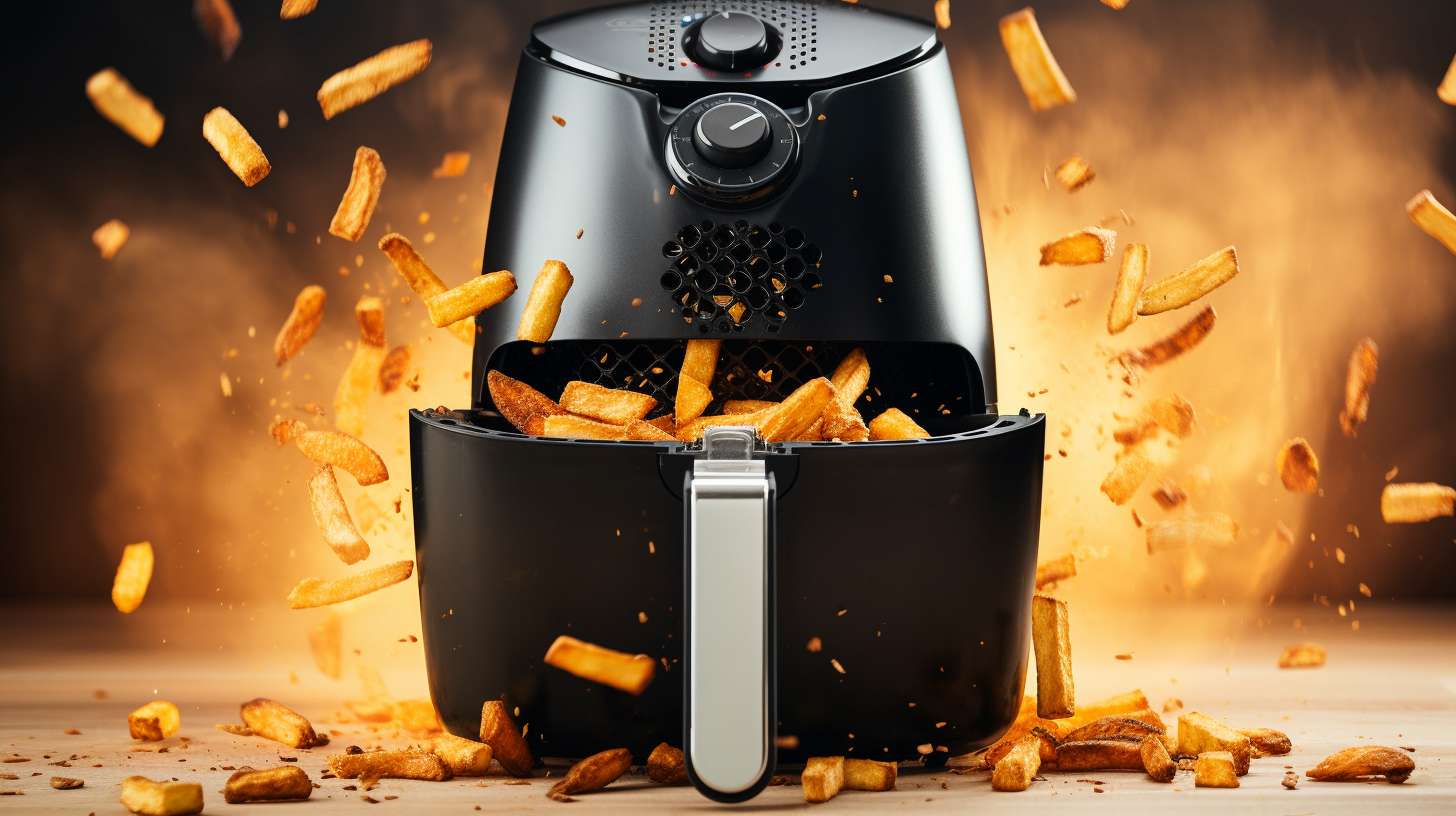 An air fryer with excessive oil buildup on the heating element and a neglected filter clogged with food debris, indicating poor cleaning habits and decreased airflow potential damage.