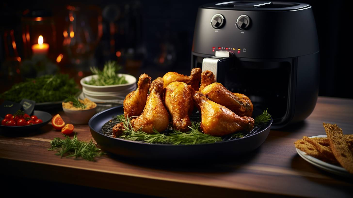 A golden-brown chicken drumstick cooked in an air fryer, perfectly crispy on the outside, with a succulent and flavor-infused interior, contrasting it with a deep-fried counterpart.