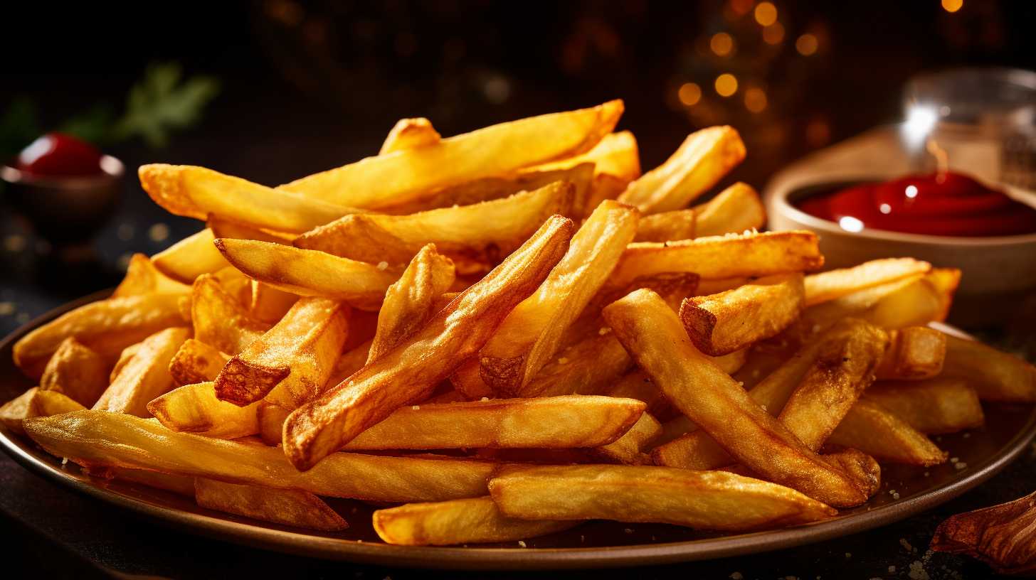 A close-up image of golden, crispy french fries glistening with oil, placed on a white plate with an air fryer and deep fryer in the background.