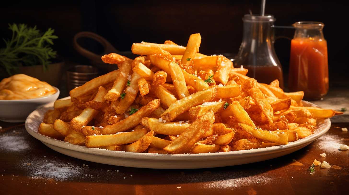 A platter of perfectly golden and crispy French fries, with a batch of air-fried fries on one side and a platter of deep-fried fries on the other. The air-fried fries have a light and crunchy texture, while the deep-fried fries are golden and crispy. Both methods showcase the deliciousness of perfectly cooked fries.