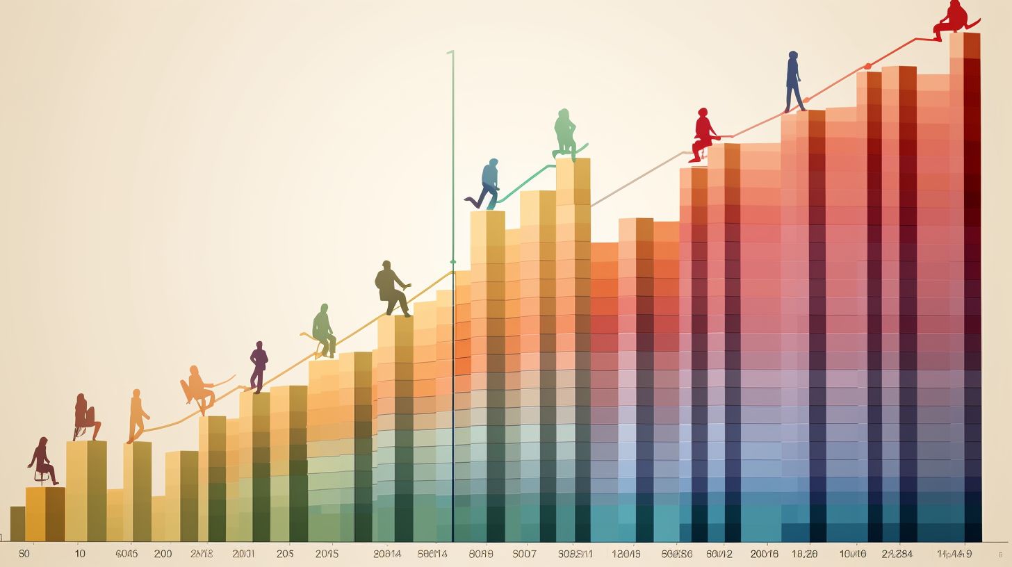 A colorful bar graph showing varying pay structures for camp counselors, representing different payment levels from minimum wage to higher salaries.