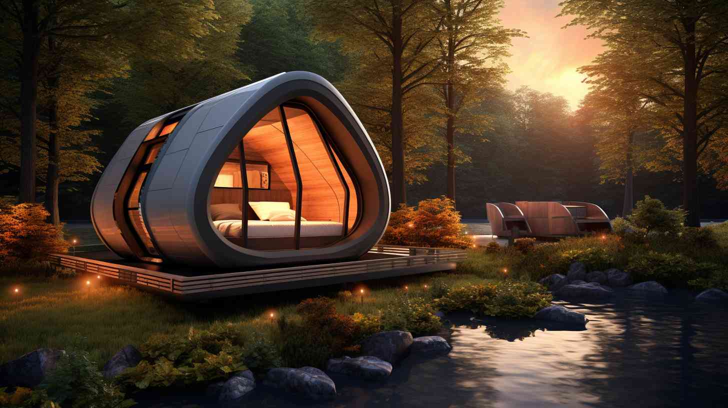 A camping pod nestled amidst scenic nature, surrounded by trees and a picturesque landscape.