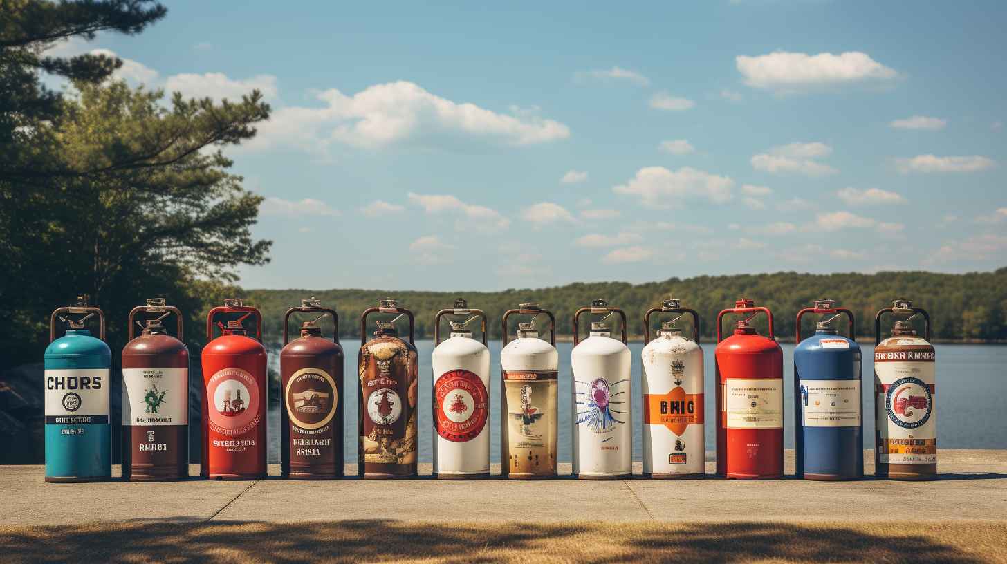 A row of neatly stacked camping propane tanks with labels displaying logos of various reputable propane tank suppliers.