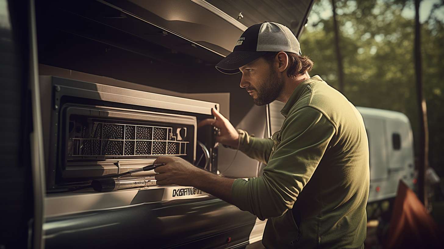 Person inspecting and cleaning the filters of a camping trailer's AC unit, removing debris and replacing filters.