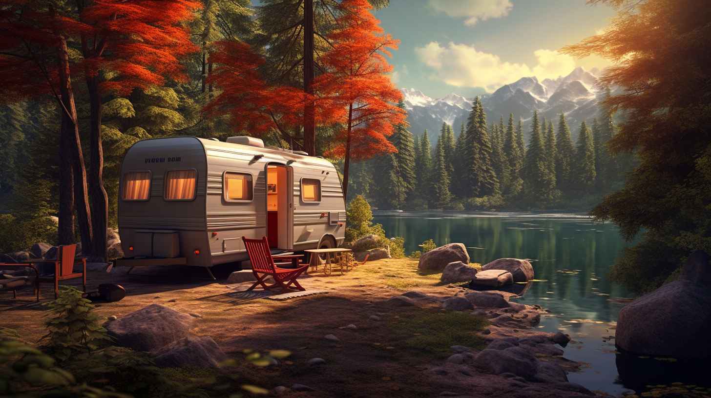 A fully equipped camping trailer nestled among towering trees, with a distinct insurance sticker on its exterior. A serene river reflects the tranquil scenery.