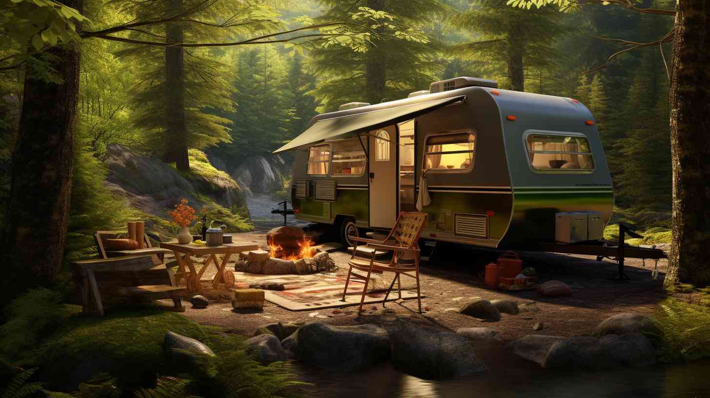 A serene campsite surrounded by lush trees with a well-maintained camping trailer. The trailer has visible insurance decals, symbolizing peace of mind and protection.