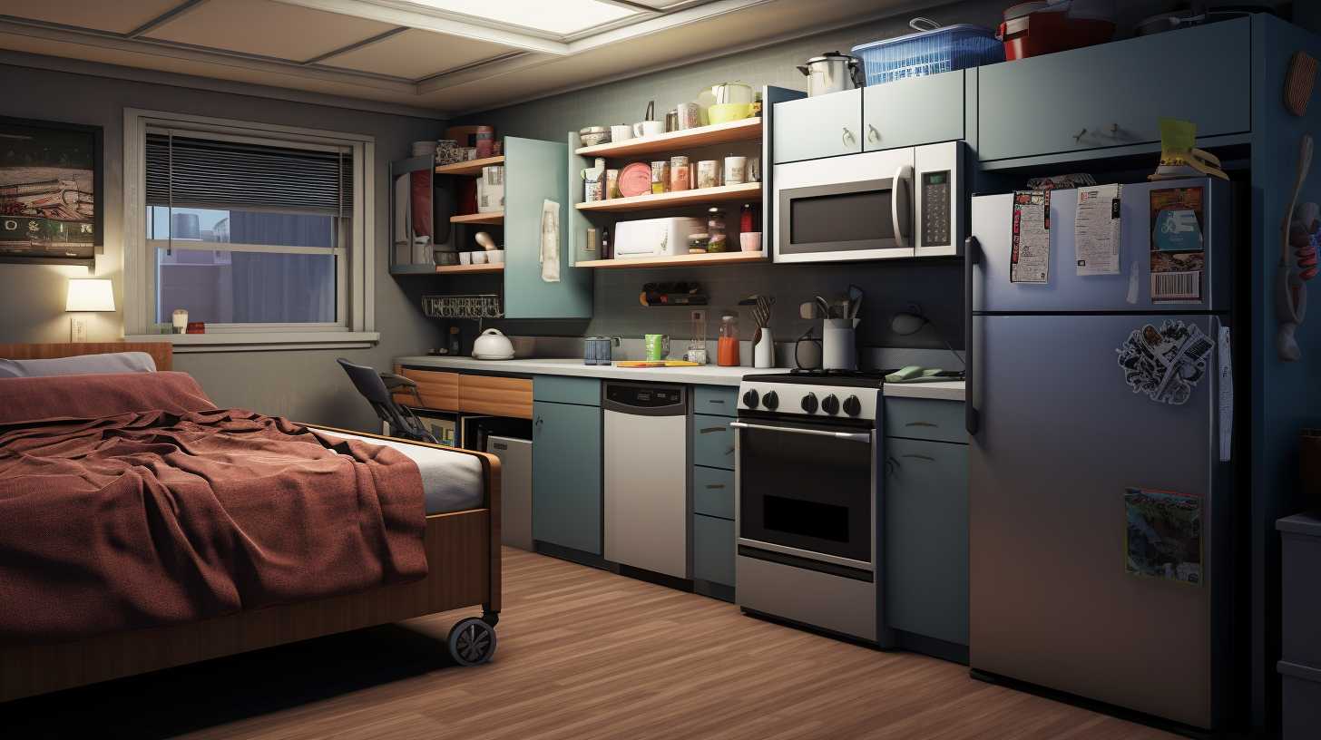 A college dorm room with vibrant posters, cozy bedding, a compact air fryer on top of a mini fridge, and an open handbook displaying college policies.