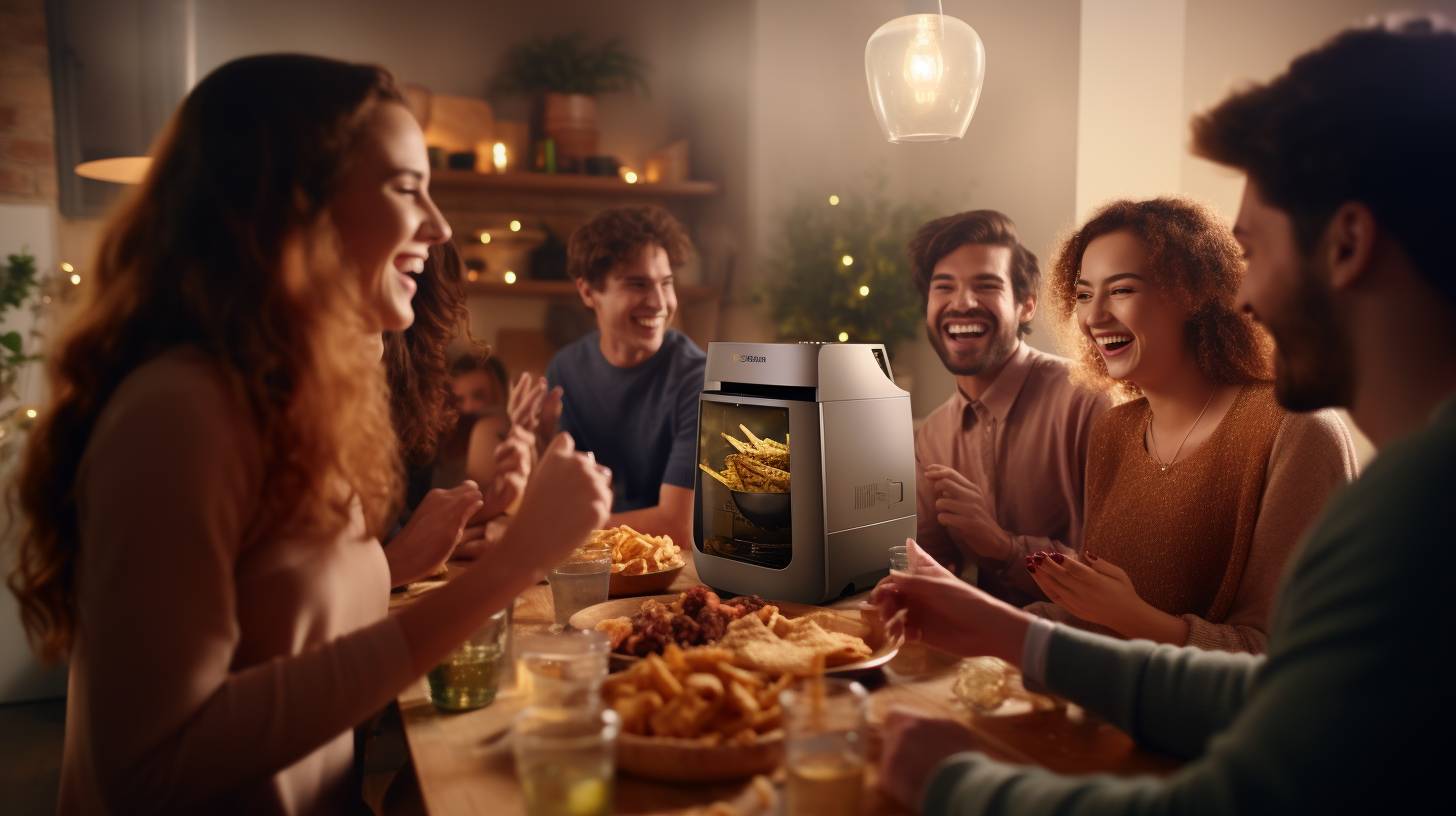 A cozy college dorm room with friends enjoying crispy fries from a modern air fryer.