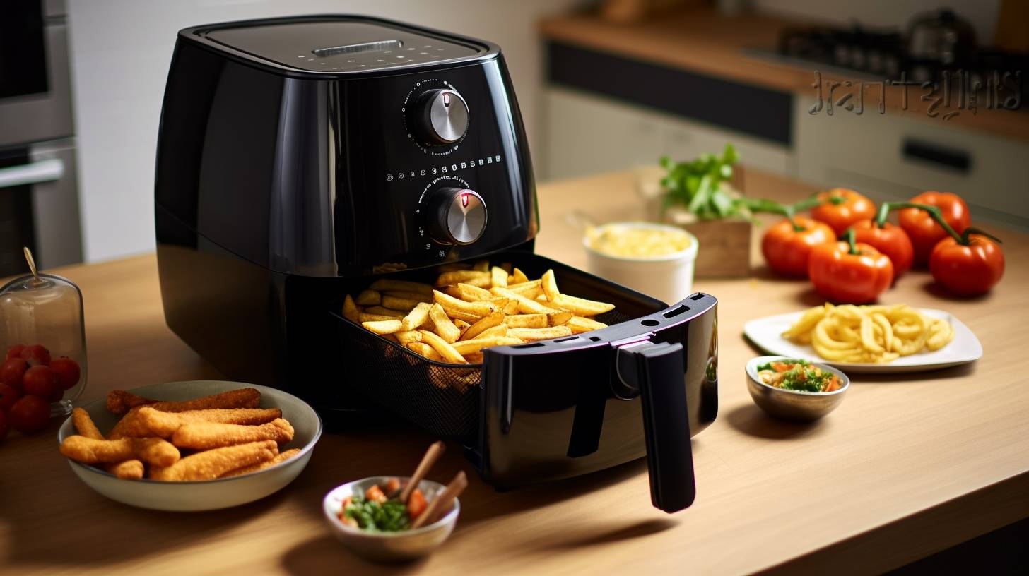 A sleek 2-drawer air fryer with adjustable temperature and timer settings, capable of baking, roasting, grilling, and frying delicious meals effortlessly.